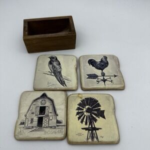 Chad Barrett Stone Coasters‎ Cork Farmhouse Windmill Barn Weathervane Bird EUC